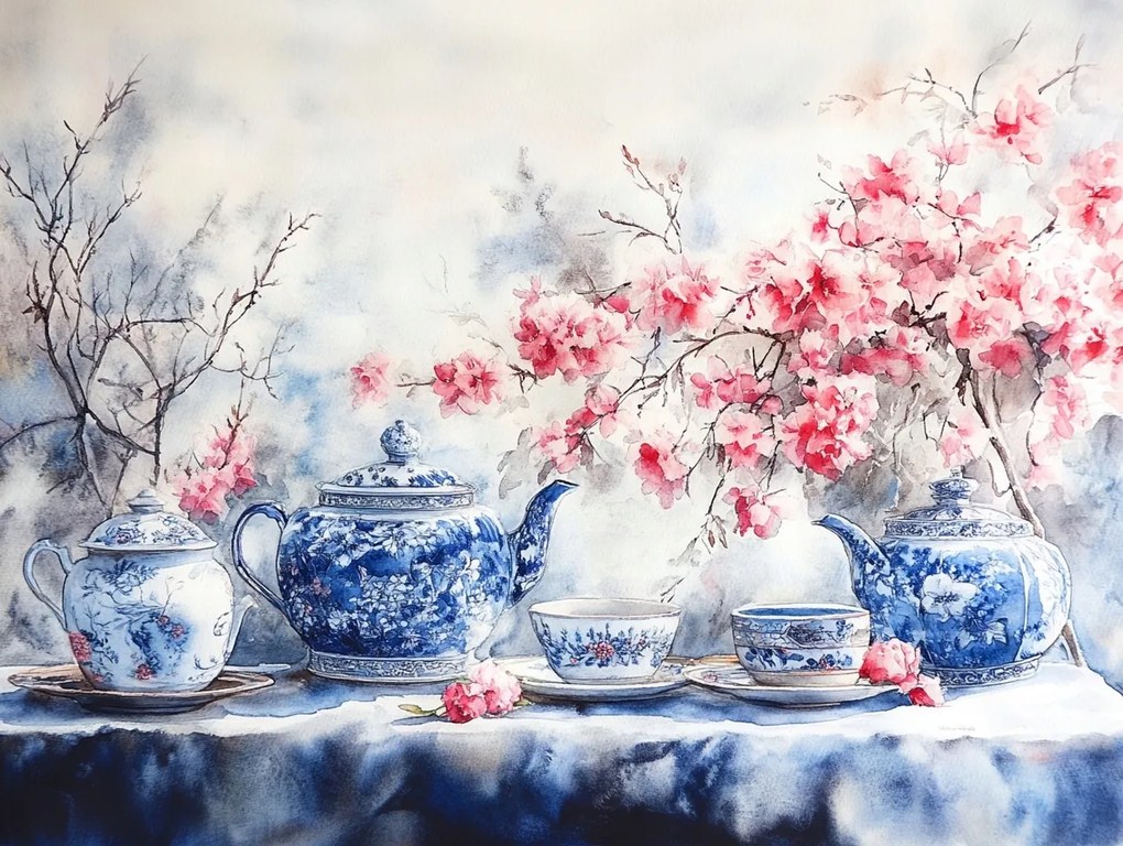 Canvas Vászonkép Japán Porcelán Virágzó Cseresznye Tea 80x60