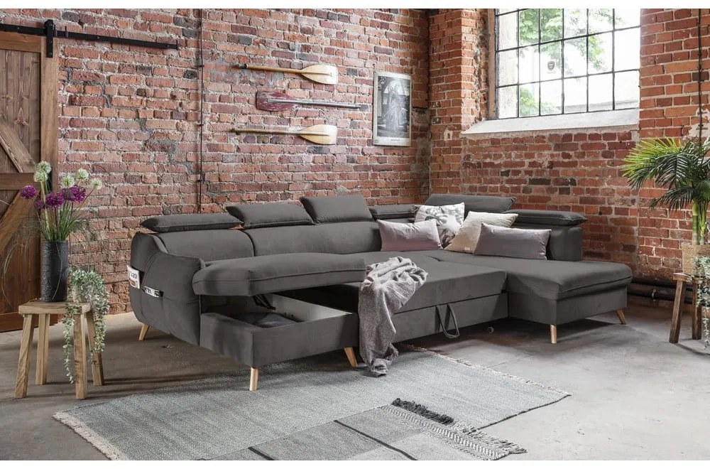 Sötétszürke bársony kinyitható sarokkanapé (jobb oldali-"U" alakú) Sweet Harmony – Miuform