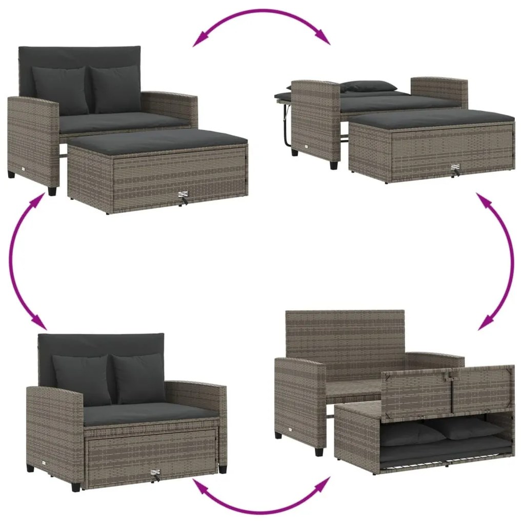 2 személyes szürke polyrattan kerti kanapé párnával