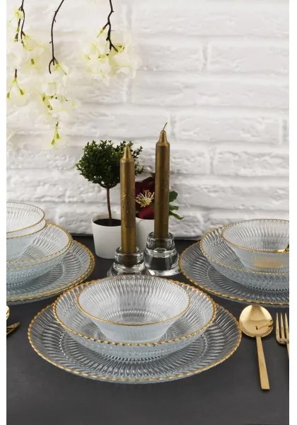 12 darabos étkészlet – átlátszó üveg, arany részletekkel