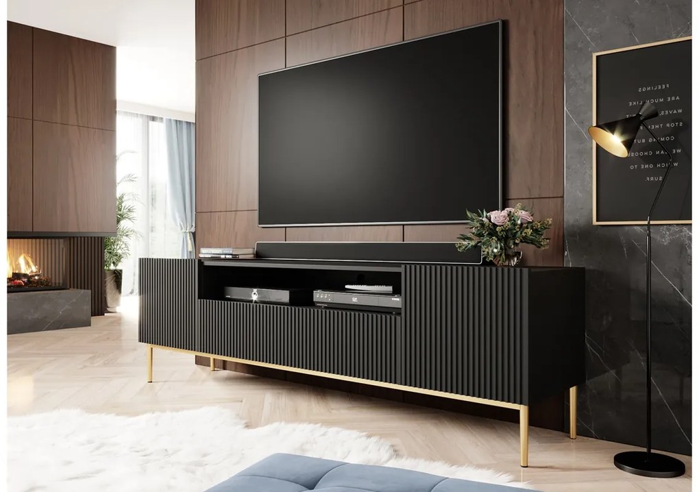 Nicole TV-szekrény 200 cm nyitott polccal és fiókokkal - matt fekete / arany lábak