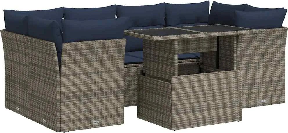 vidaXL 7 részes szürke polyrattan akácfa kerti ülőgarnitúra párnákkal