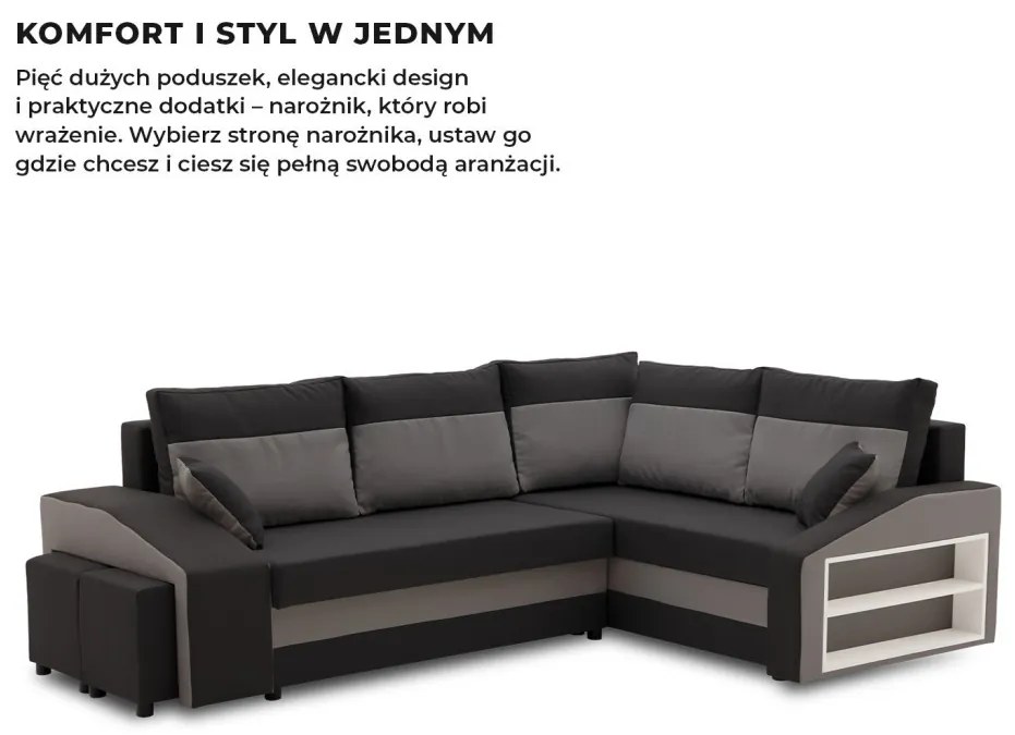 Grande sarokkanapé polcokkal és puffokkal , polc a jobb karfaban puffok a bal karfaban, jobboldali, szövet anyag, bonell töltet, fekete - szürke