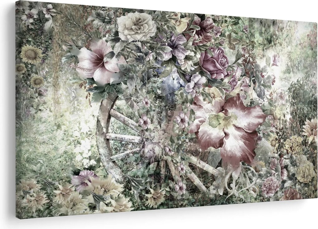 Virágok képe egy fából készült kerékpáron (90x60 cm)