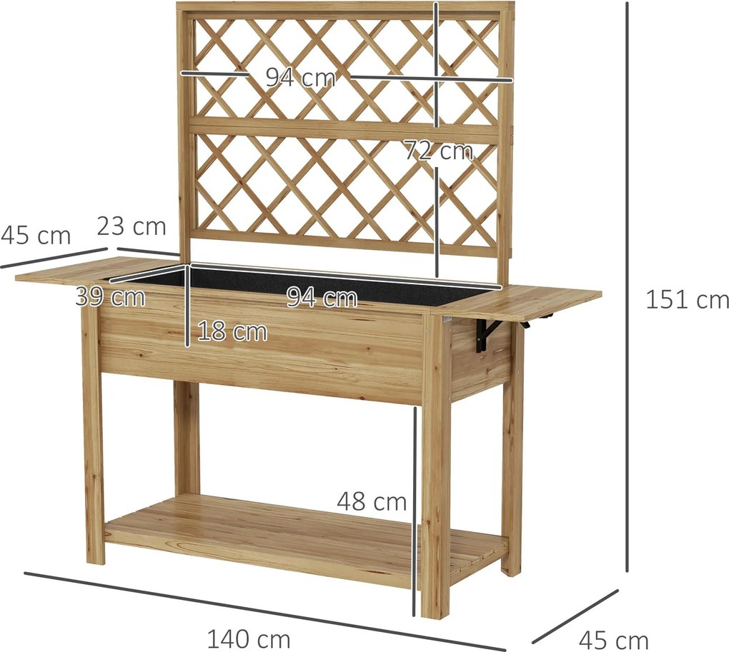 Outsunny Téglalap alakú Emelt Virágtartó Rácsos Háttal - Emelt kertágy 2 hajtható oldalsó polccal és 1 alsó polccal - fa méretek 140L x 45W x 151H cm