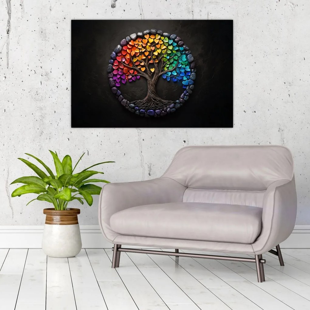 Kép – Fa színes szívekkel (90x60 cm)