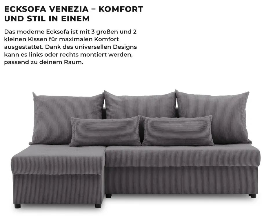 Venezia sarokkanapé, kordbársony, univerzális oldal, bonell töltet, szürke