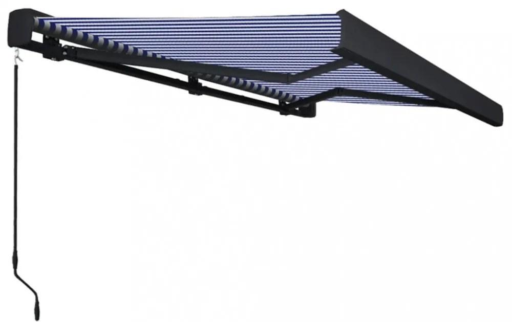 kék és fehér manuális kazettás napellenző 350 x 250 cm