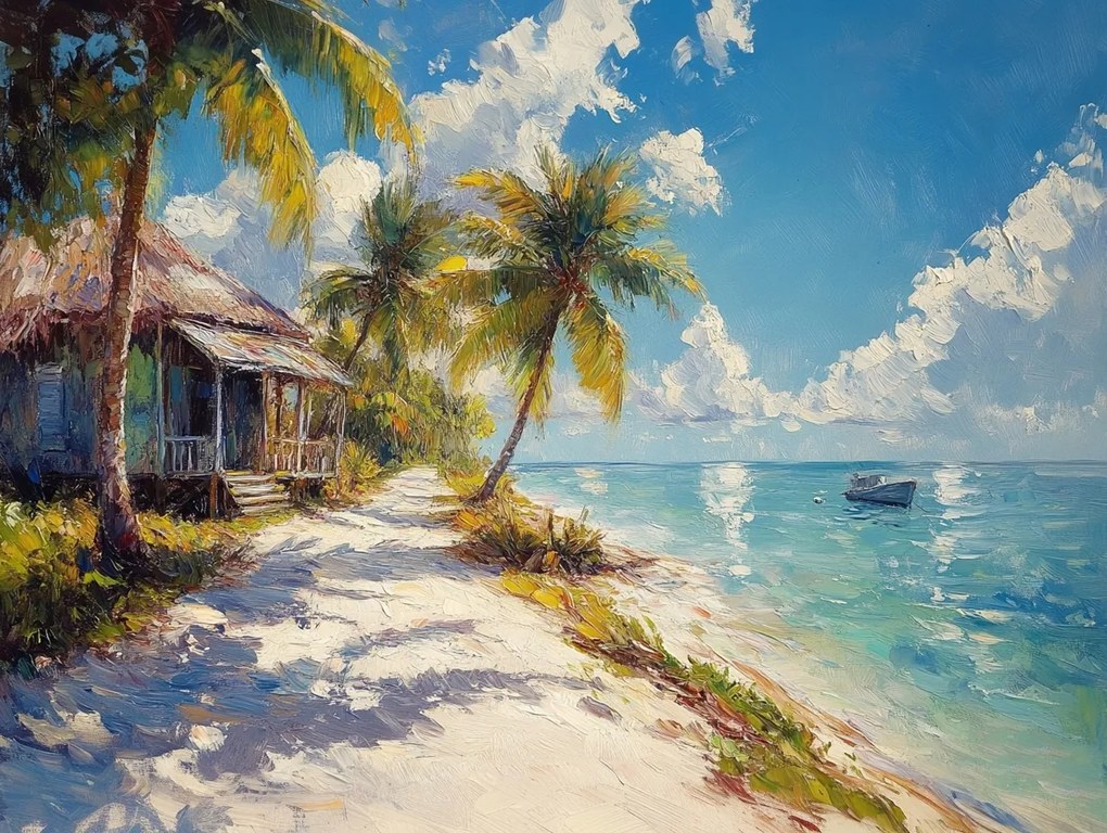 Vászonkép Canvas Tájkép Hawaii Óceán Tengerpart Pálmafák Házikó 100x75