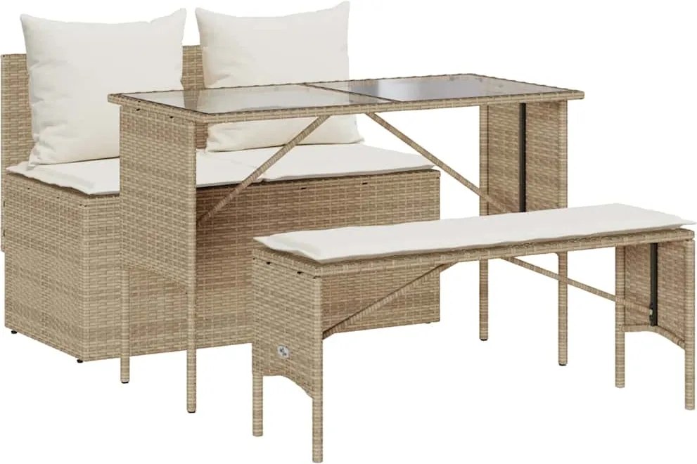 vidaXL 3 részes bézs polyrattan kerti étkezőgarnitúra párnákkal