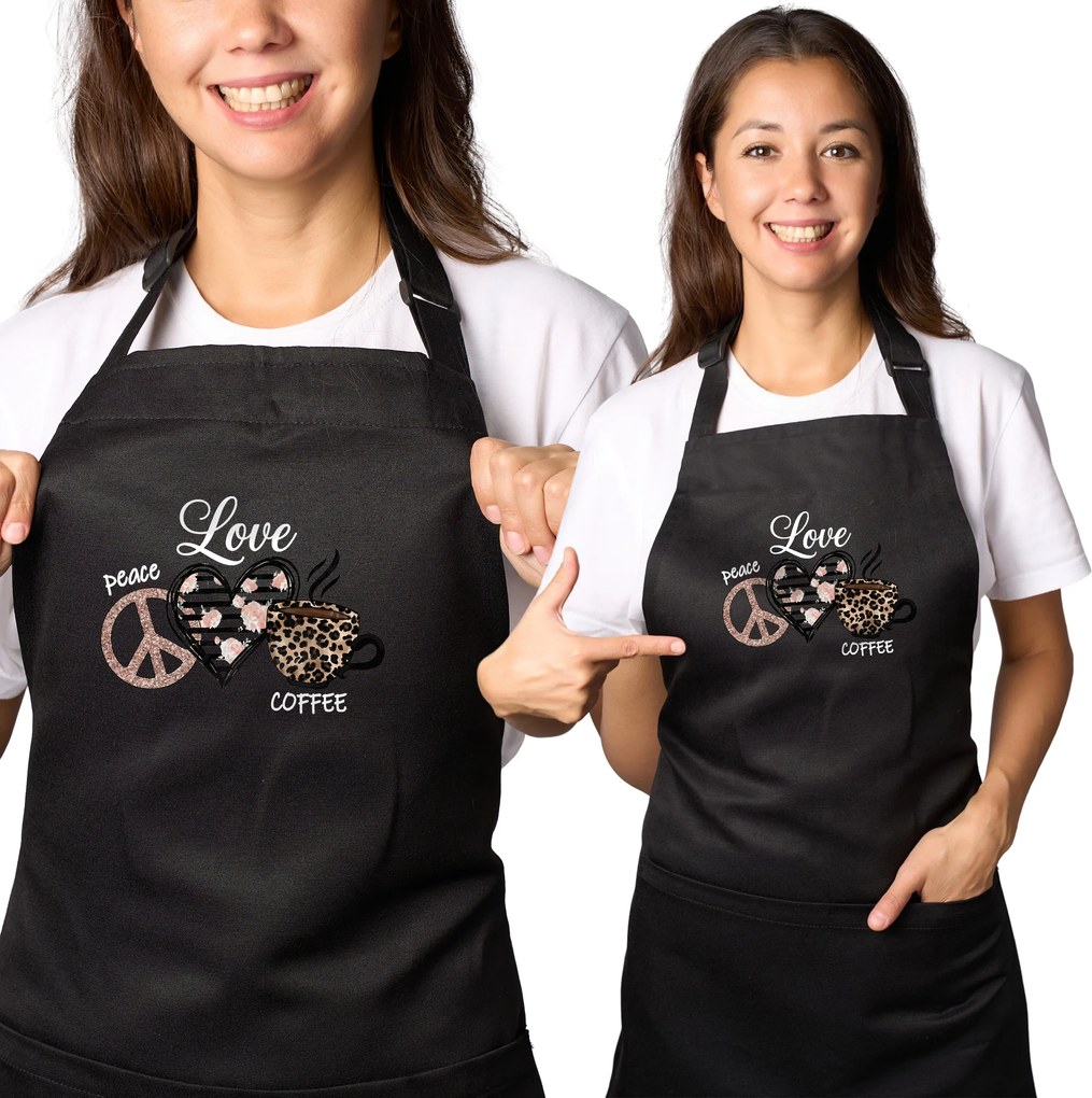 Konyhai kötény fekete, ideális ajándék "Peace, Love, Coffee"