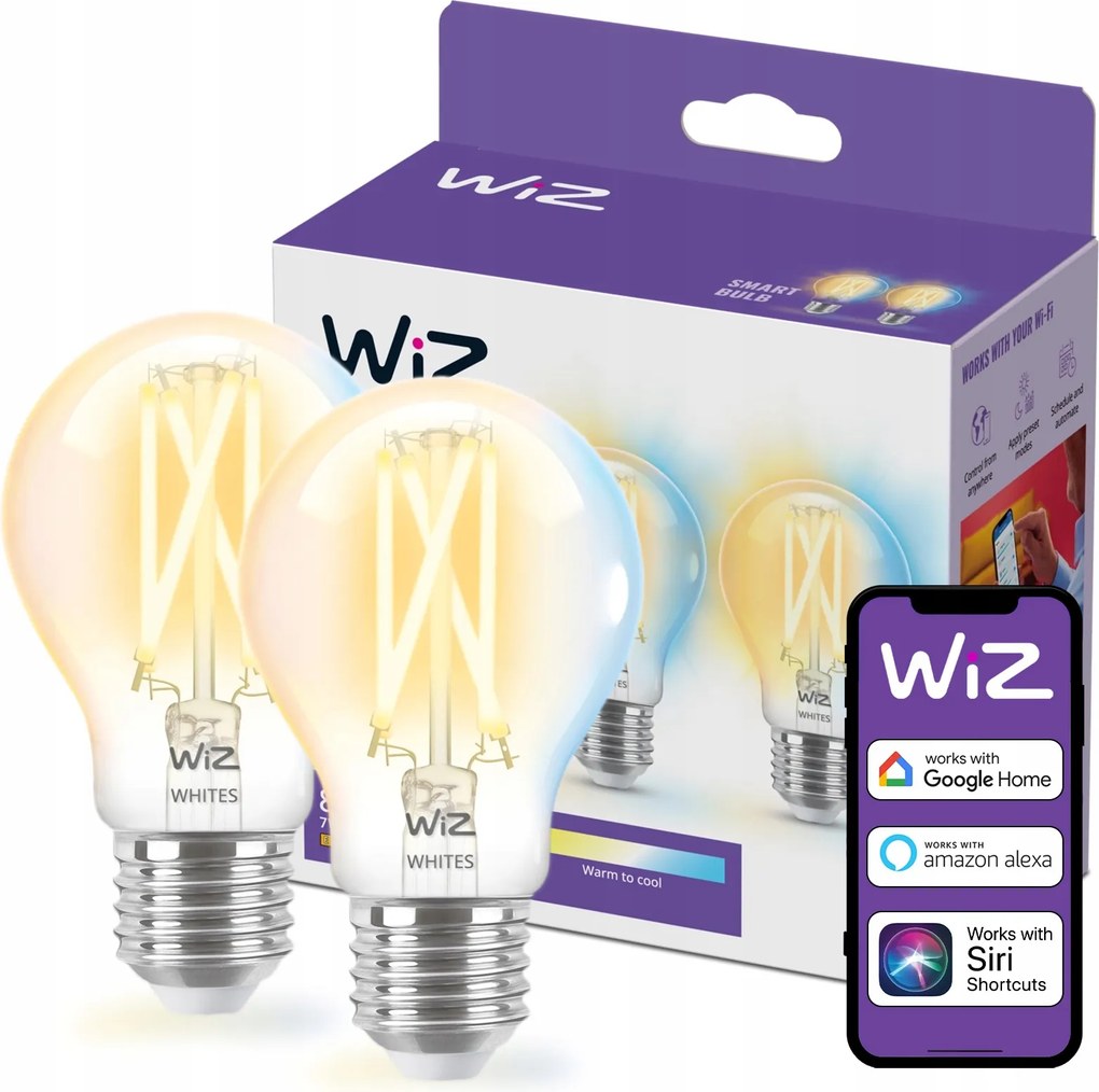 2x Led izzó E27 7W 60W 2700-6500K Tw Filament Smart WiFi WiZ alkalmazás