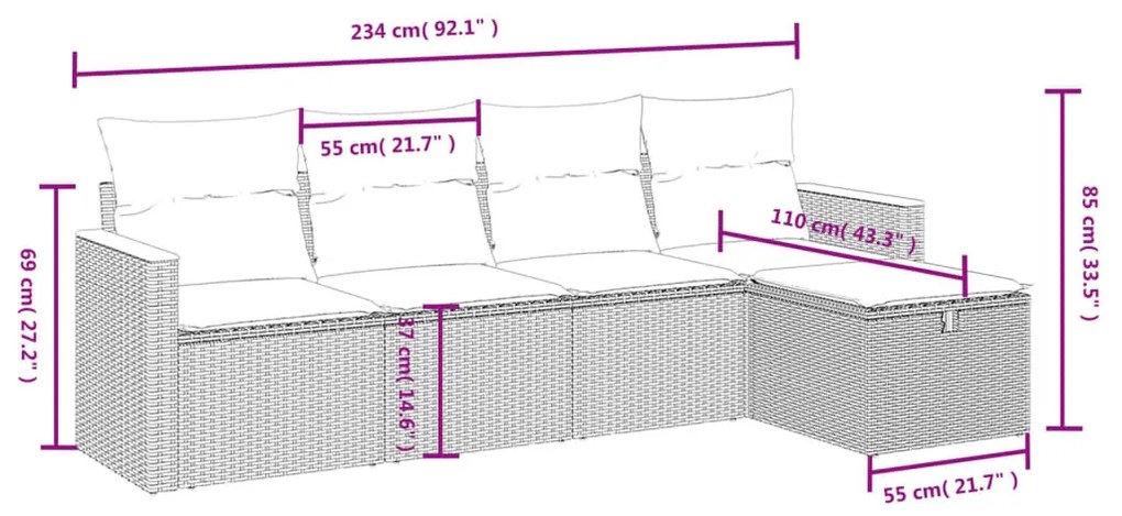 5 részes vegyes bézs polyrattan kerti ülőgarnitúra párnákkal