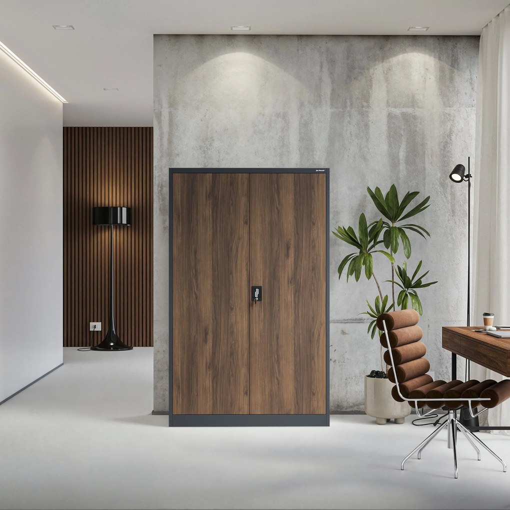 Fém irodai iratszekrény, széles, antracit/dió, 1150x1850x400 mm: JAN II Eco Design