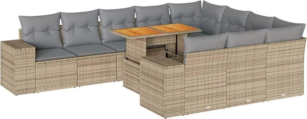 vidaXL 10 részes bézs polyrattan akácfa kerti ülőgarnitúra párnával