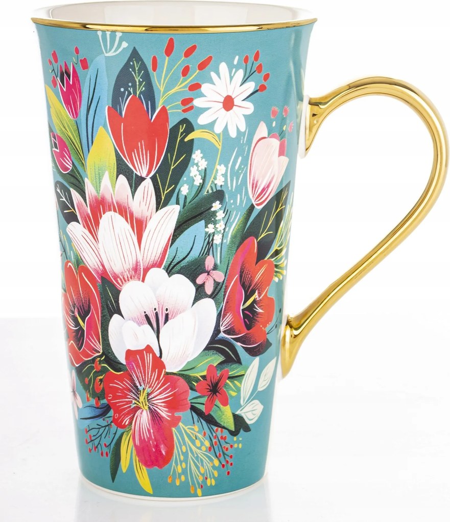 Nagy porcelán bögre 700 ml menta virág motívum arany díszdoboz