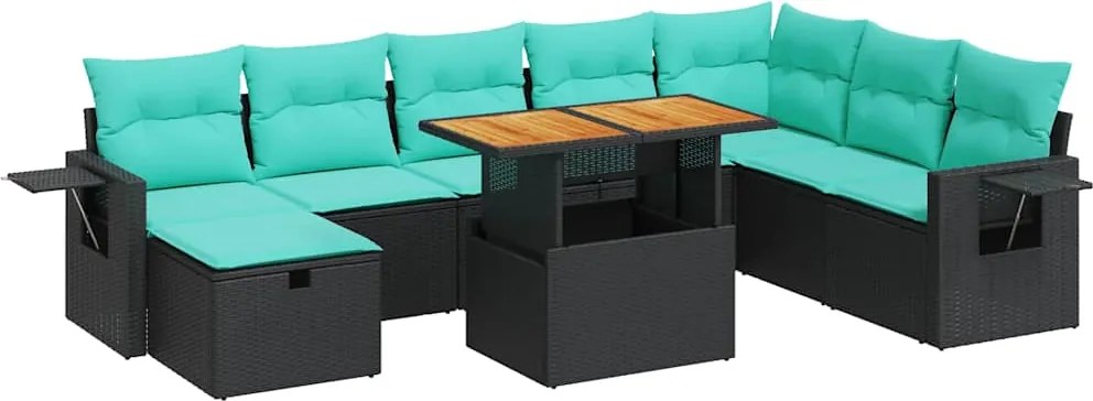 vidaXL 9 részes fekete polyrattan akácfa kerti ülőgarnitúra párnákkal