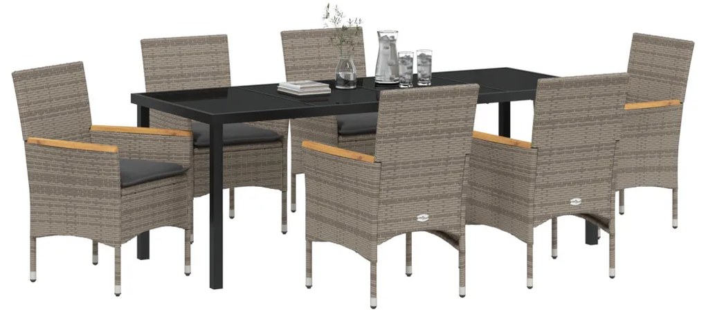 7 részes Kerti Étkezőszett Párnákkal Szürke Poly Rattan
