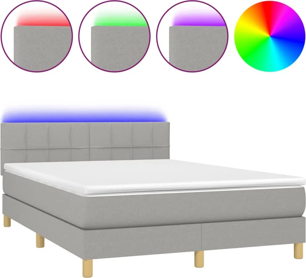 vidaXL világosszürke szövet rugós és LED-es ágy matraccal 140x190 cm