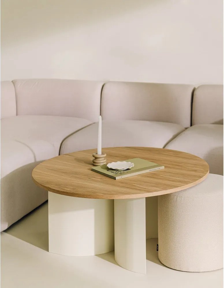 Krémszínű-natúr színű kerek dohányzóasztal kőrisfa dekoros asztallappal ø 95 cm Gavo – noo.ma