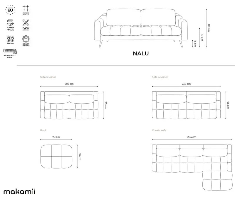 Szürke bársony kanapé 238 cm Nalu – Makamii