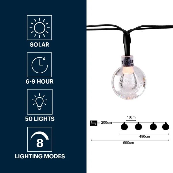 Grundig - LED napelemes lánc 50 LED, 8 funkció, 6,9 m, meleg fehér, 600 mAh