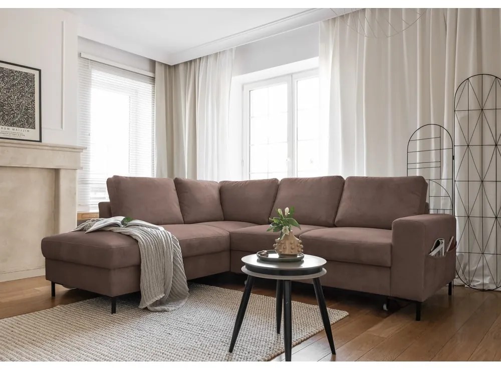 Barna kordbársony kinyitható sarokkanapé (bal oldali) Lofty Lilly – Miuform