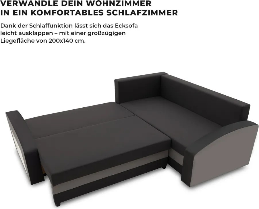 Grande sarokkanapé polcokkal , polc a bal karfaban, jobboldali, szövet anyag, hab töltet, fekete - szürke