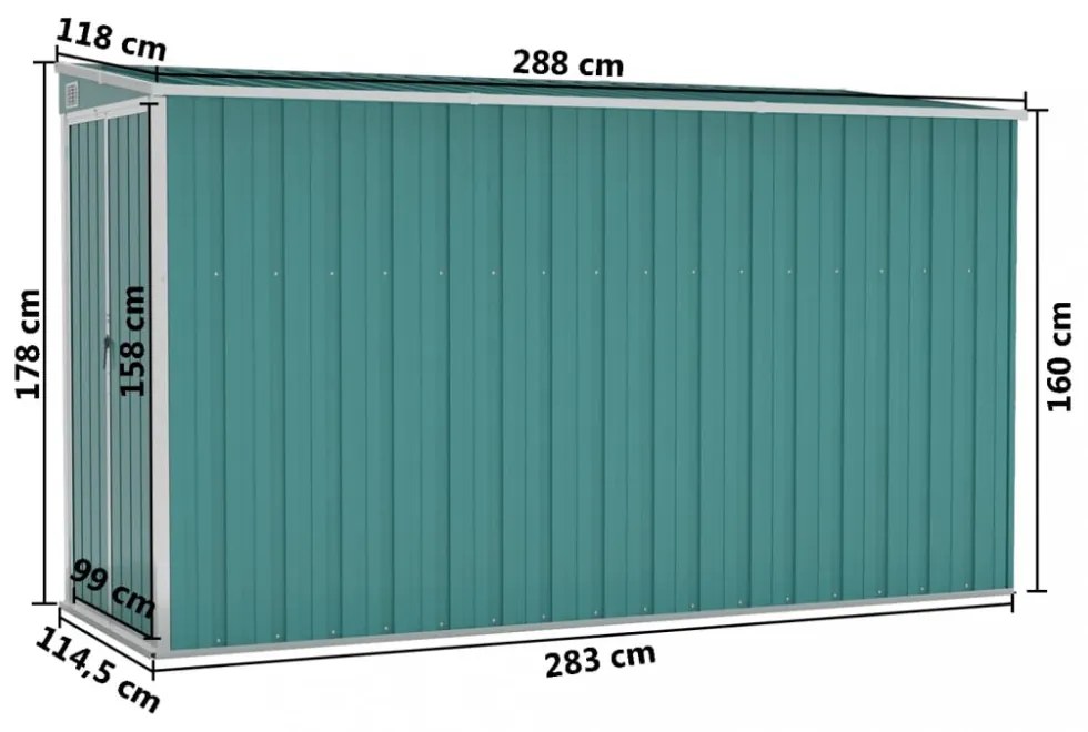 zöld acél falhoz erősíthető kerti fészer 118 x 288 x 178 cm