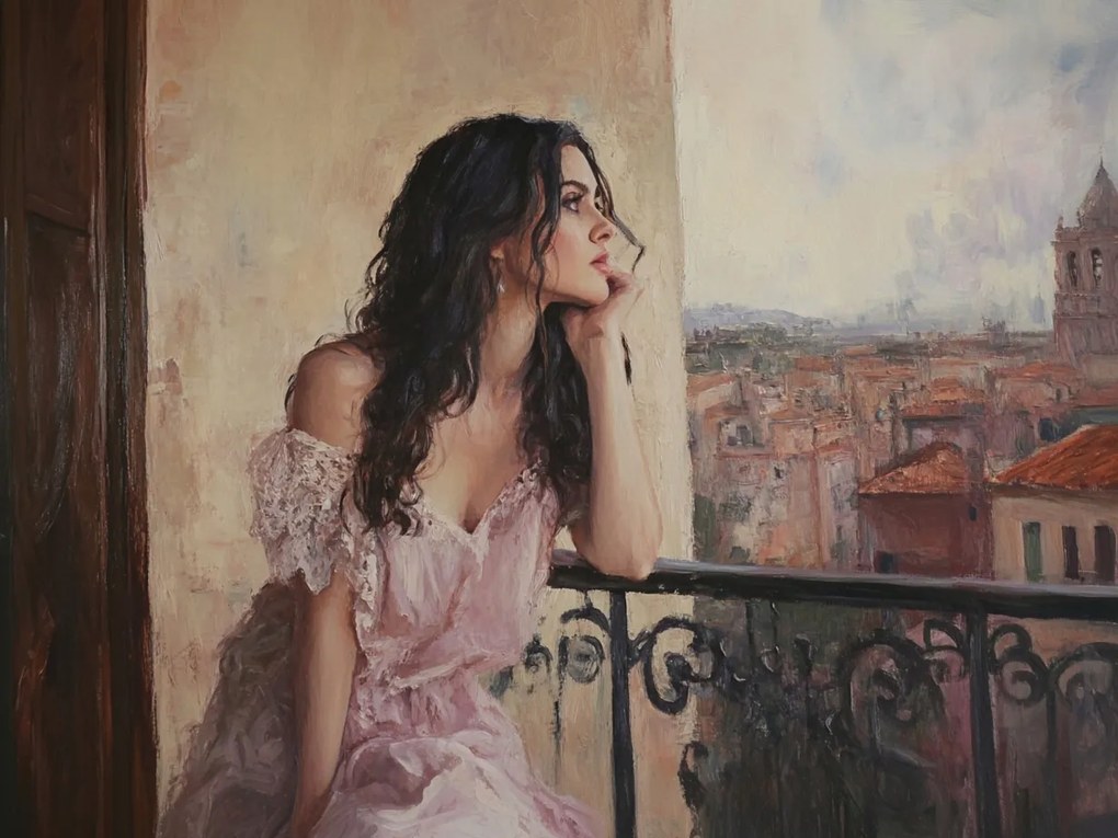 Vászonkép Canvas Portré Nő Erkély Város Olaszország Kilátás 100x75