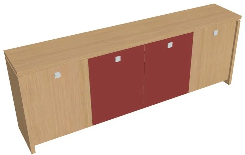 Verno alacsony szekrény 248 x 46 x 90 cm, kombinált ajtó, világos tölgy / piros