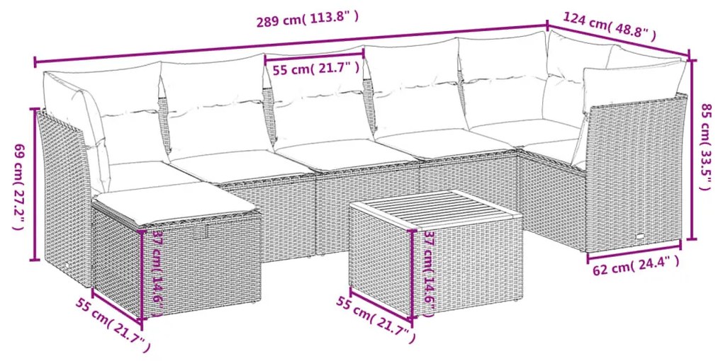 8 részes fekete polyrattan kerti ülőgarnitúra párnákkal