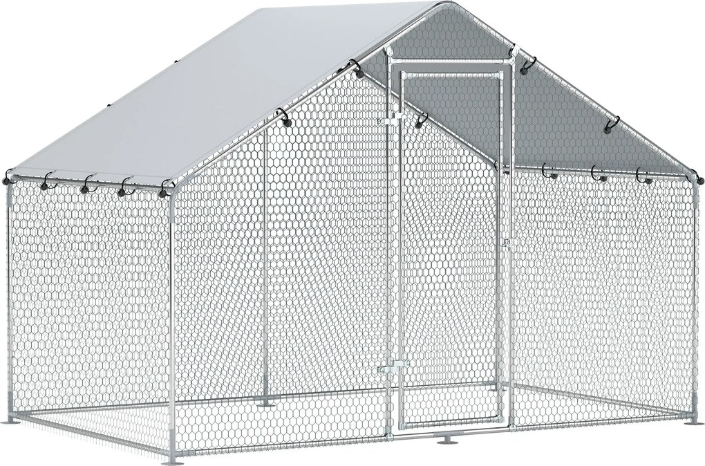 PawHut Csirkeól 3x1.7x1.9 m, Csirke Futó Csirkék, Nyulak, Tengerimalacok Számára, Horganyzott Acélból Lakatokkal és Vízálló UV-ellenálló Tetővel, Kült