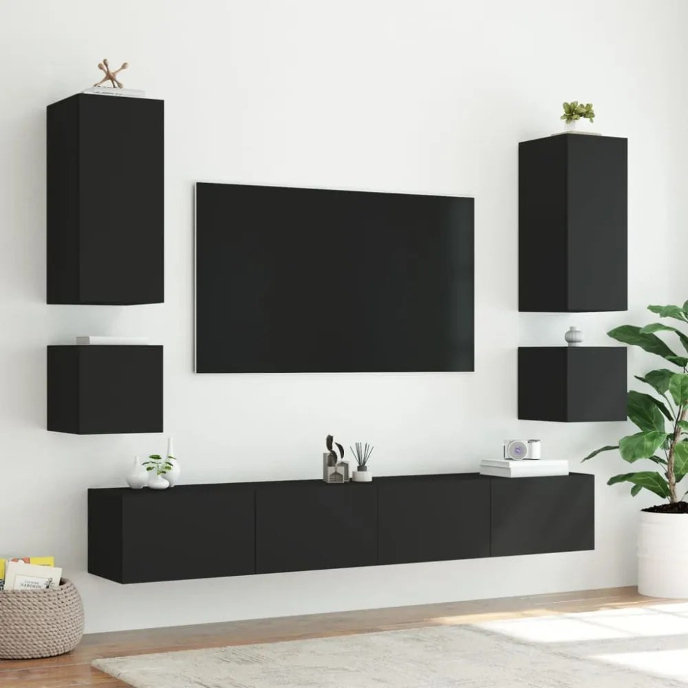 2 db fekete fali TV-szekrény LED-világítással 40,5x35x40 cm