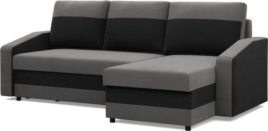 Hewlet sarokkanapé, 2 ágyneműtartóval, szövet anyag, univerzális oldal, hab töltet, szürke - fekete