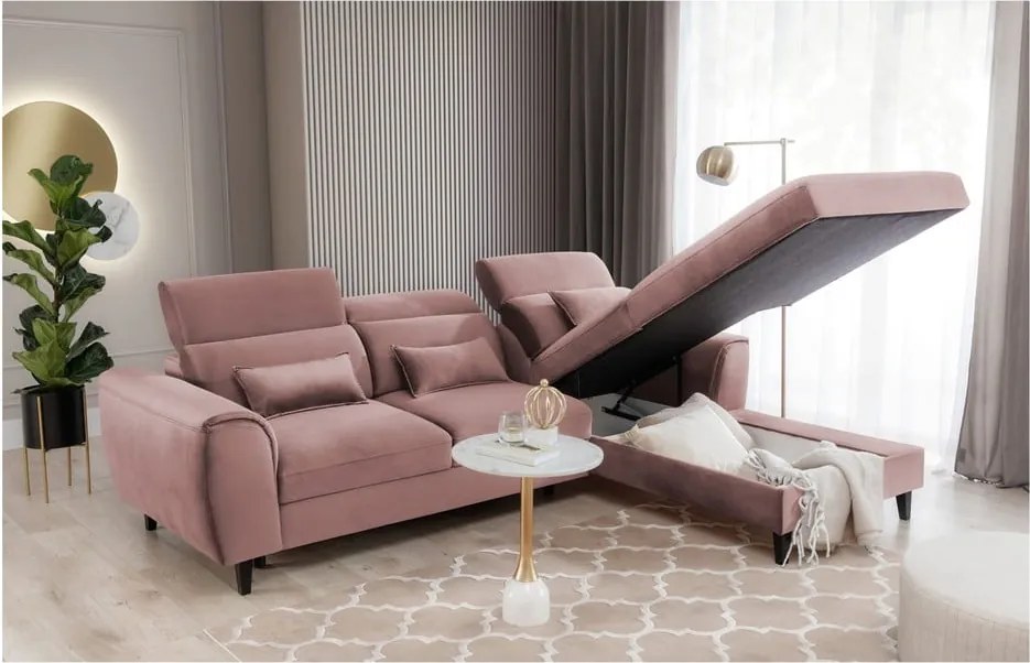 Rózsaszín bársony kinyitható-tárolóhelyes sarokkanapé (jobb oldali-heverő résszel) Foble – ELTAP