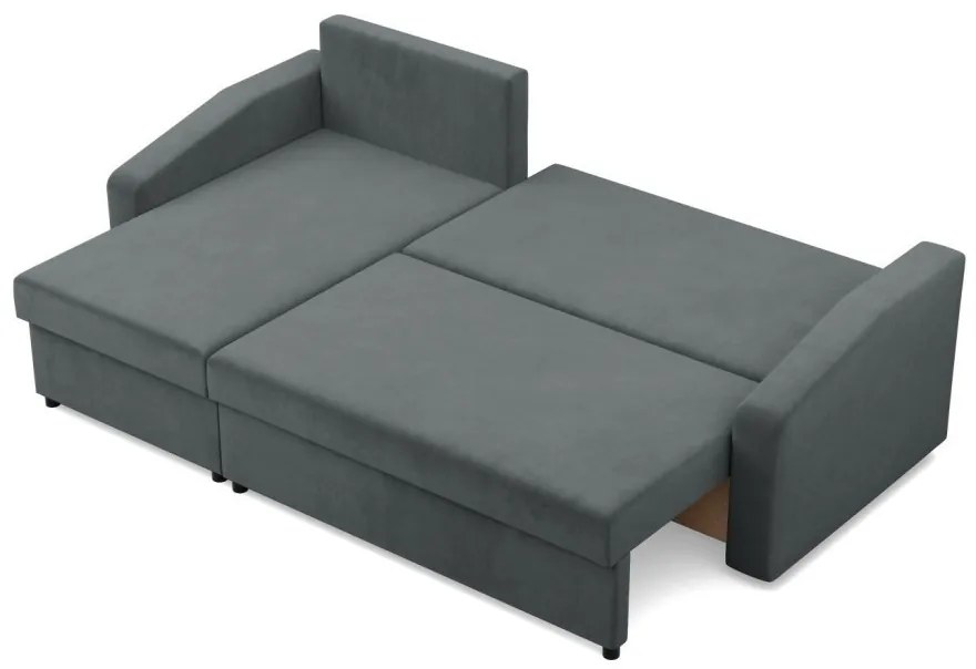 Zeus sarokkanapé, 2 ágyneműtartóval, döntött kartámasz, bársony, univerzális oldal, bonell töltet, szürke