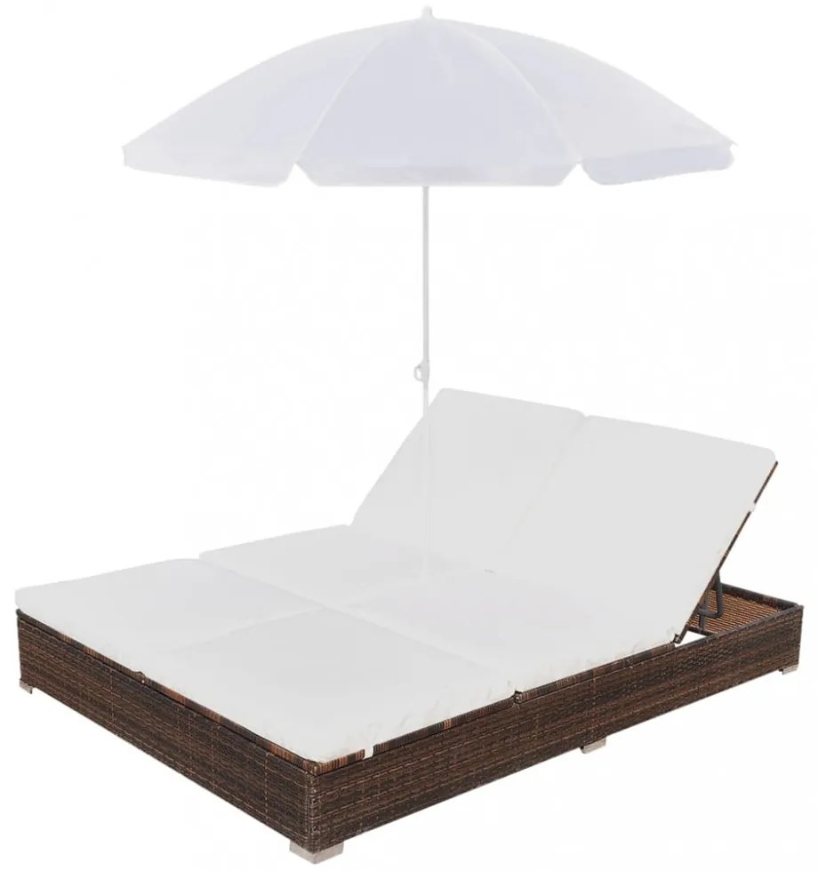 barna polyrattan napozóágy napernyővel