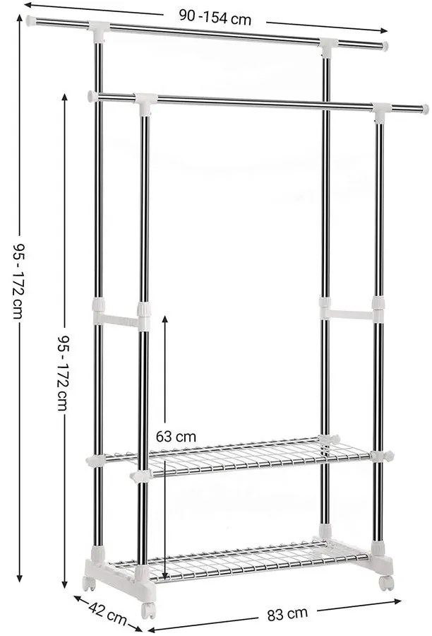 Dupla kihúzható ruhaállvány cipőpolccal, rozsdamentes szobainas, 154 x 42 x 172 cm