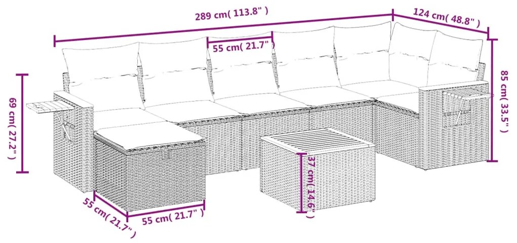 8 részes bézs polyrattan kerti ülőgarnitúra párnával