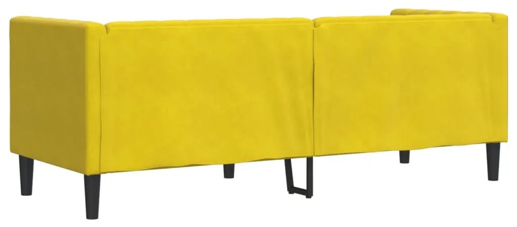 3 személyes sárga bársony Chesterfield kanapé hengerpárnákkal
