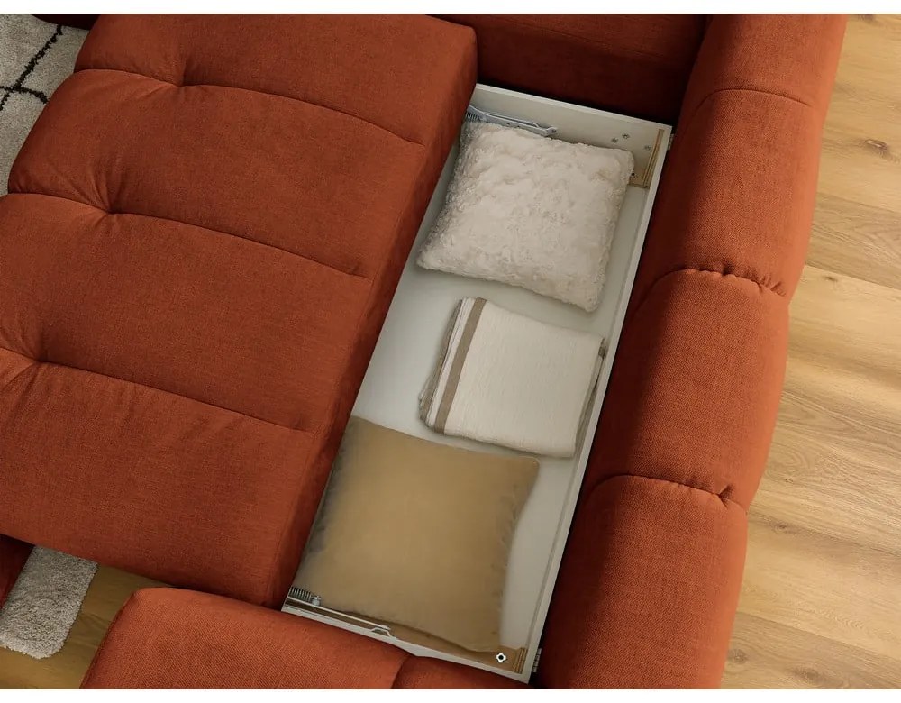 Téglavörös kinyitható-tárolóhelyes sarokkanapé (bal oldali-L alakú) Fuji – Bobochic Paris