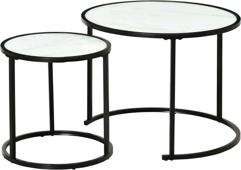 HOMCOM 2 darabos Kerek Oldaltáblák Modern Moduláris Asztal Műmárvány Felsőrésszel és Acél Kerettel Ø60x46 cm és Ø40x40 cm Fehér | Aosom