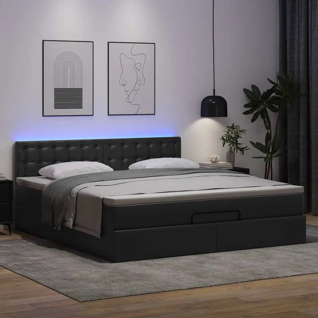fekete műbőr ottomán ágy matracokkal &amp; LED-ek 160x200cm