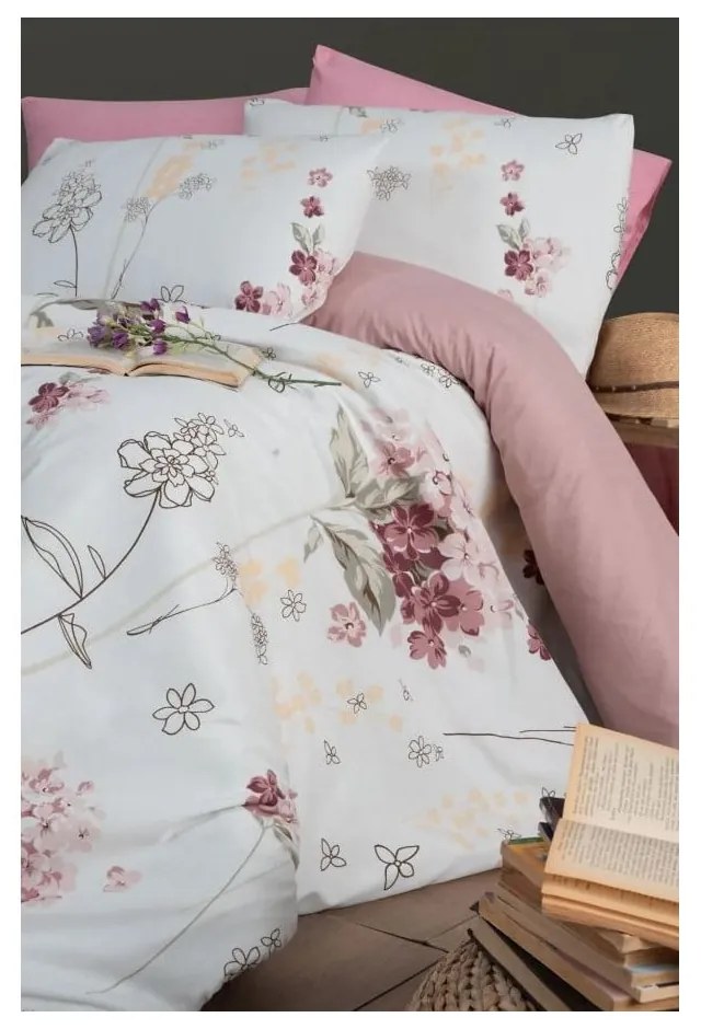 Fehér-rózsaszín egyszemélyes hosszabbított ágyneműhuzat lepedővel, háromrészes 160x220 cm Floral – Mila Home