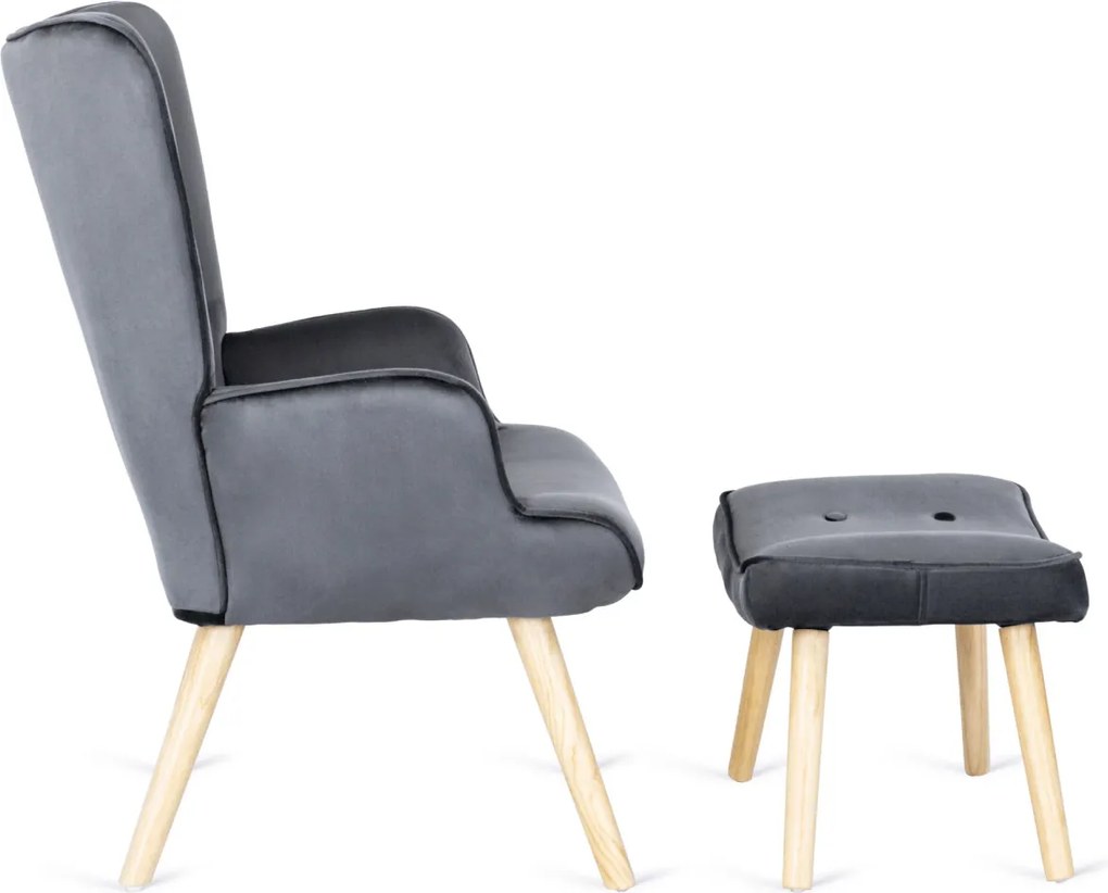 Pihenőfotel szürke színben, bársony kárpittal, lábtartóval LOZANO