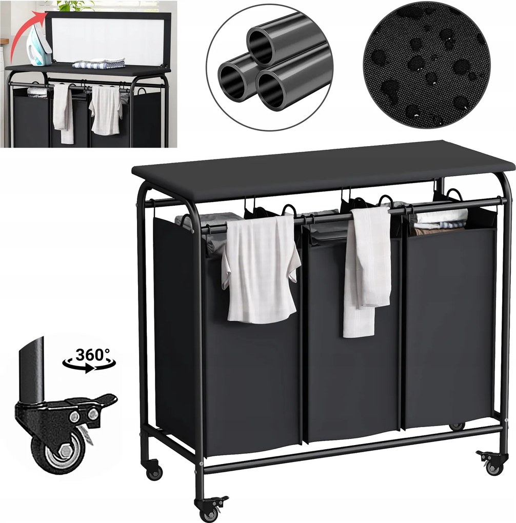 Mosókosár Háromrekeszes Nagy Ruhatartó Kocsi Görgőkkel 135L