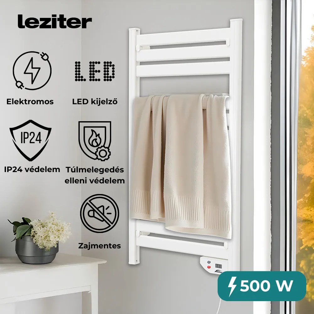 Elektromos törölközőszárító radiátor fürdőszobába – Leziter TW-500 500W fehér