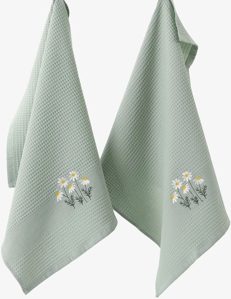 Goldea hímzett waffle konyharuha - kamilla zsálya alapon 50 x 70 cm