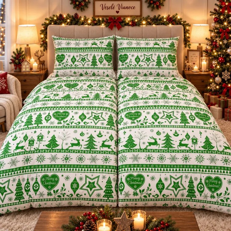 Karácsonyi zöld Christmas pamut ágyneműhuzat TiaHome - 1x Párna 90x70cm, 1x Paplan 140x200cm